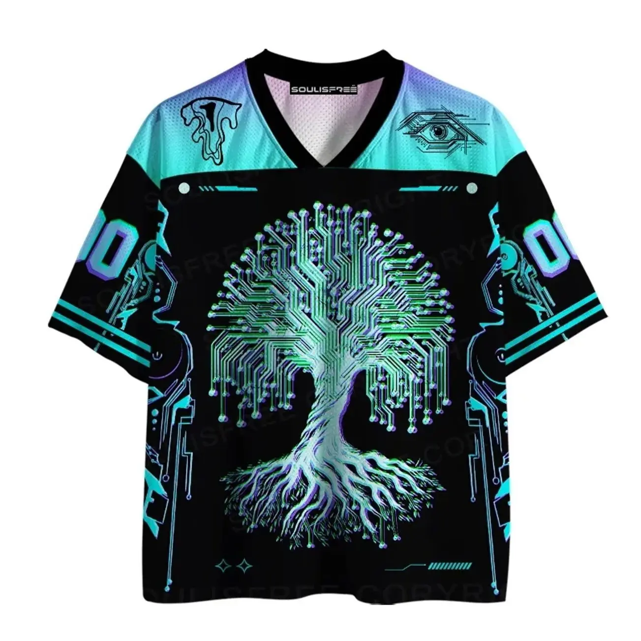 Digital Tree of Life Mesh Jersey, Futuristic Nature Graphic Sports Shirt, Cyberpunk Y2K Streetwear Top, Digital Tree Symbol Design, Breathable Oversized Unisex Mesh Jersey, Trendy Casual Summer Shirt for Men & Women OTE