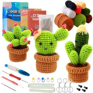 Yalumo Crochet Kit for Beginners - 3 Adorable Cactus Plants Family Set with Premium Yarn, Ergonomic Hooks, & Step-by-Step Video Tutorials for Easy Learning