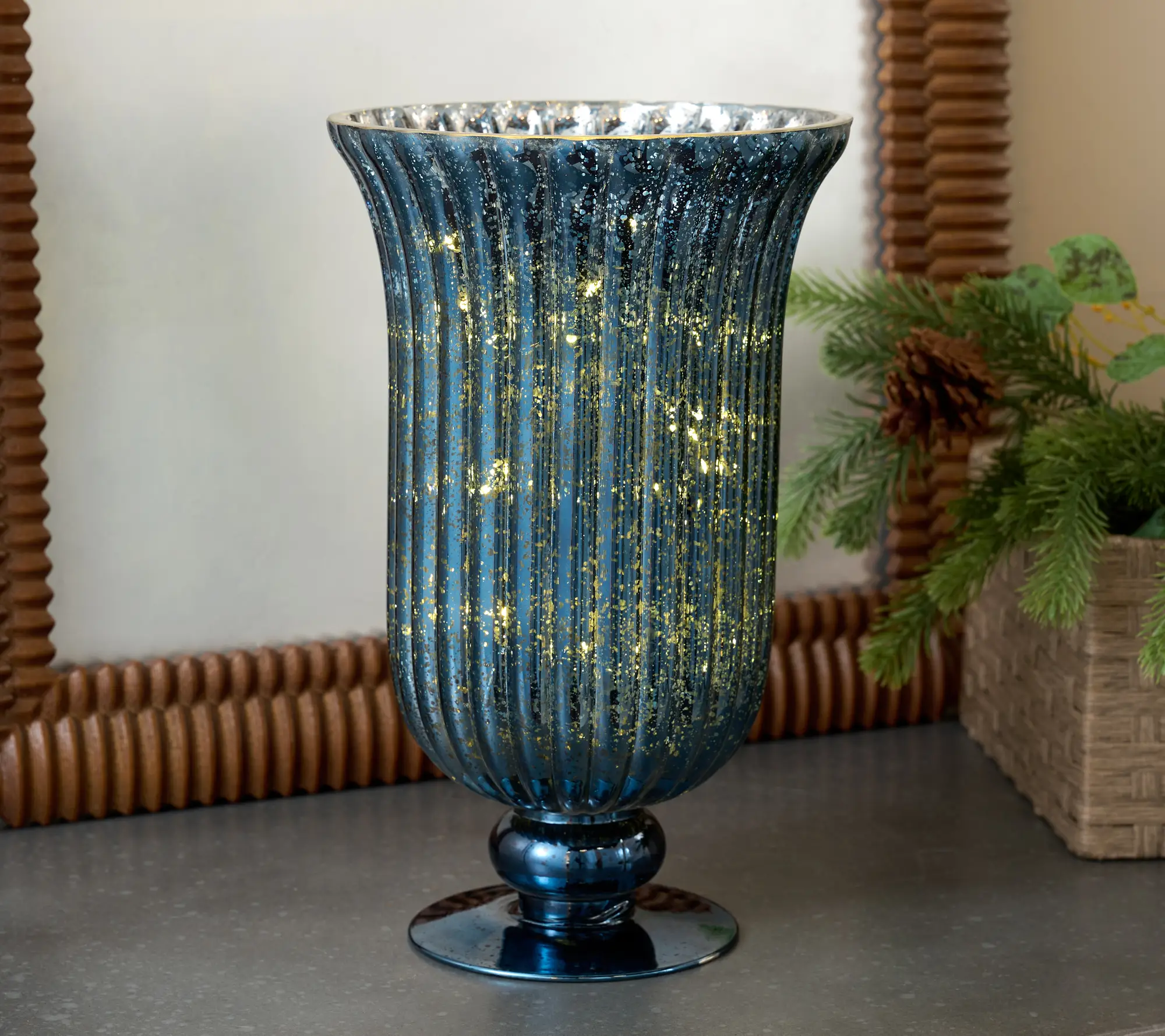12" Footed Illuminated Mercury Glass Hurricane by Valerie