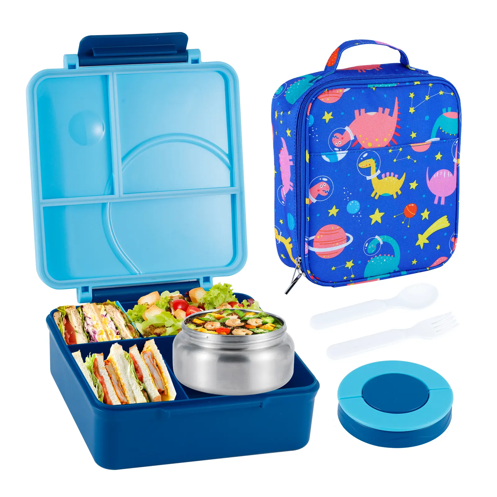 Bento Lunch Box Set for Kids with 8oz Soup Thermo, Leak-Proof Lunch Containers with 4 Compartment, Kids Thermo Hot Food Jar and Insulated Lunch Bag for Kid to Schoo