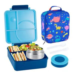 Bento Lunch Box Set for Kids with 8oz Soup Thermo, Leak-Proof Lunch Containers with 4 Compartment, Kids Thermo Hot Food Jar and Insulated Lunch Bag for Kid to Schoo