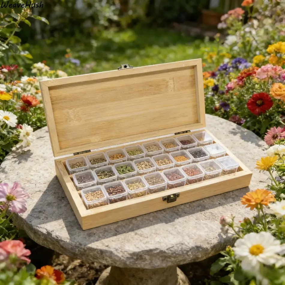 Wooden Box with 24 Clear Plastic Compartments, Garden Planting Seed Storage Organizer, Transparent Design for Easy Visual Sorting, Sturdy Structure for Secure Protection, Portable Multipurpose Storage Case for Seeds, Herbs, Flowers & Gardening Supplies