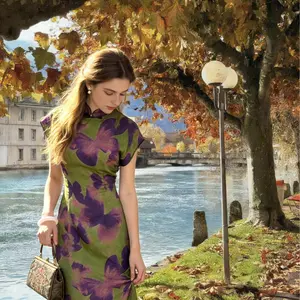 Watercolor Floral Print Qipao | Olive Green & Purple Short Sleeve Cheongsam Dress