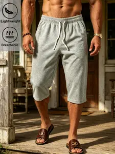 Men's Casual Capri Shorts, Elastic Waist, Relaxed Fit, Mid Length Bermuda Shorts, Comfortable Summer Wear, Ideal for Daily Use, Breathable Athletic Shorts