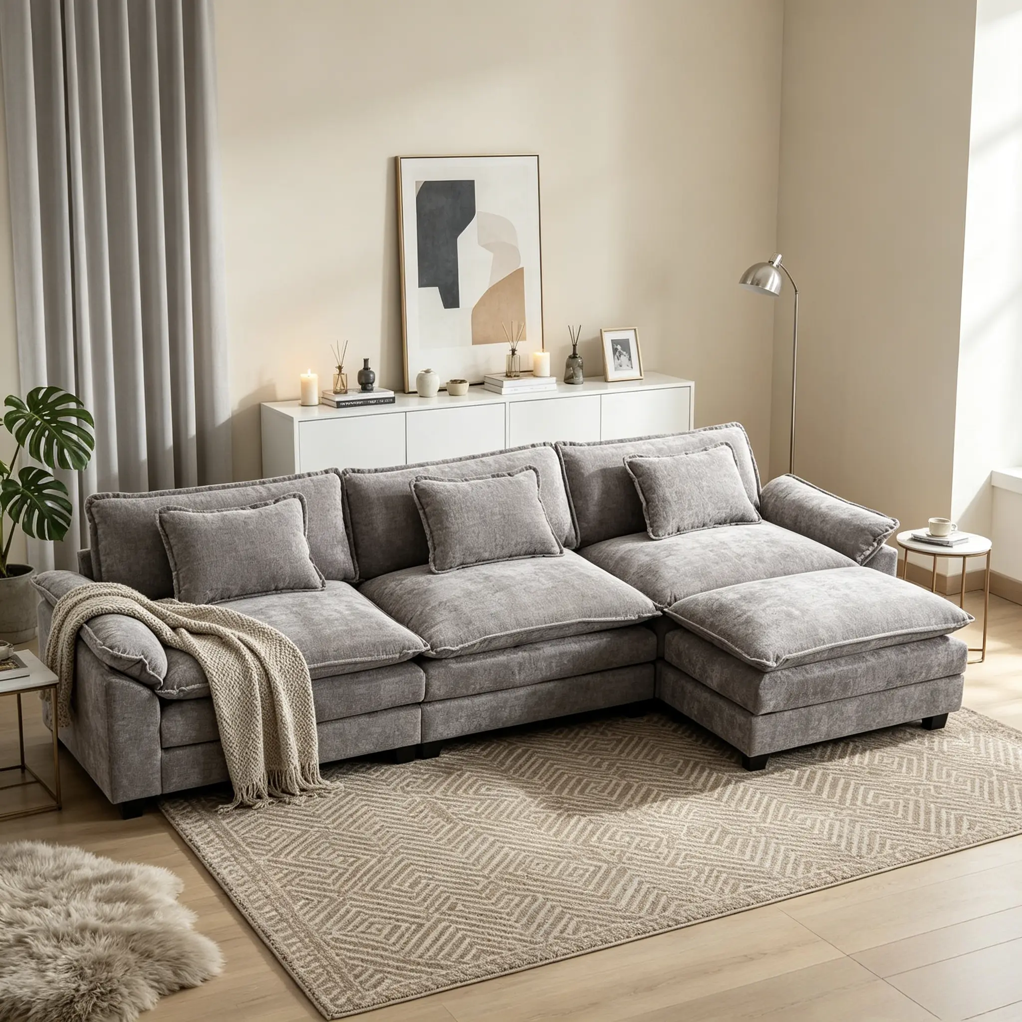 STHOUYN 120" L-Shaped Modern Upholstered Modular Sofa, Chenille Fabric Deep-Seat Indoor   Sectional  Couch  with Throw Pillows, Functional Living Room  for Partner Relaxation, Indoor Sofas, nice furniture, family couch, pet friendly