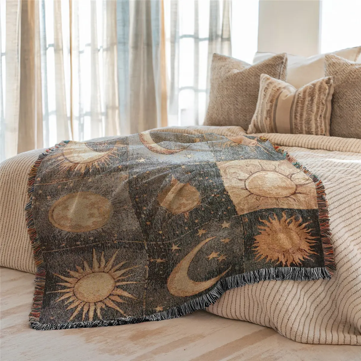 Multi-Function Tassel Woven Blanket, Boho Style Blanket, Decorative Blanket - The Sun And The Moon Pattern Bed Blanket, For Sofa Cover, Couch Throw, Home Decor, Outdoor Picnic, Camping, Beach Towel