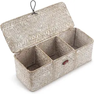 Seagrass Basket with Lid Rectangular Small Woven Shelf Baskets with Sections for Organize Snack Toys Whitewash
