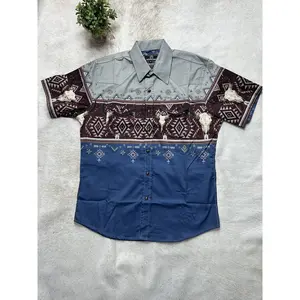 Men Aztec Short Sleeve Skull Retro Blue 118MS Men Aztec Short Sleeve Skull Retro Blue 118MS