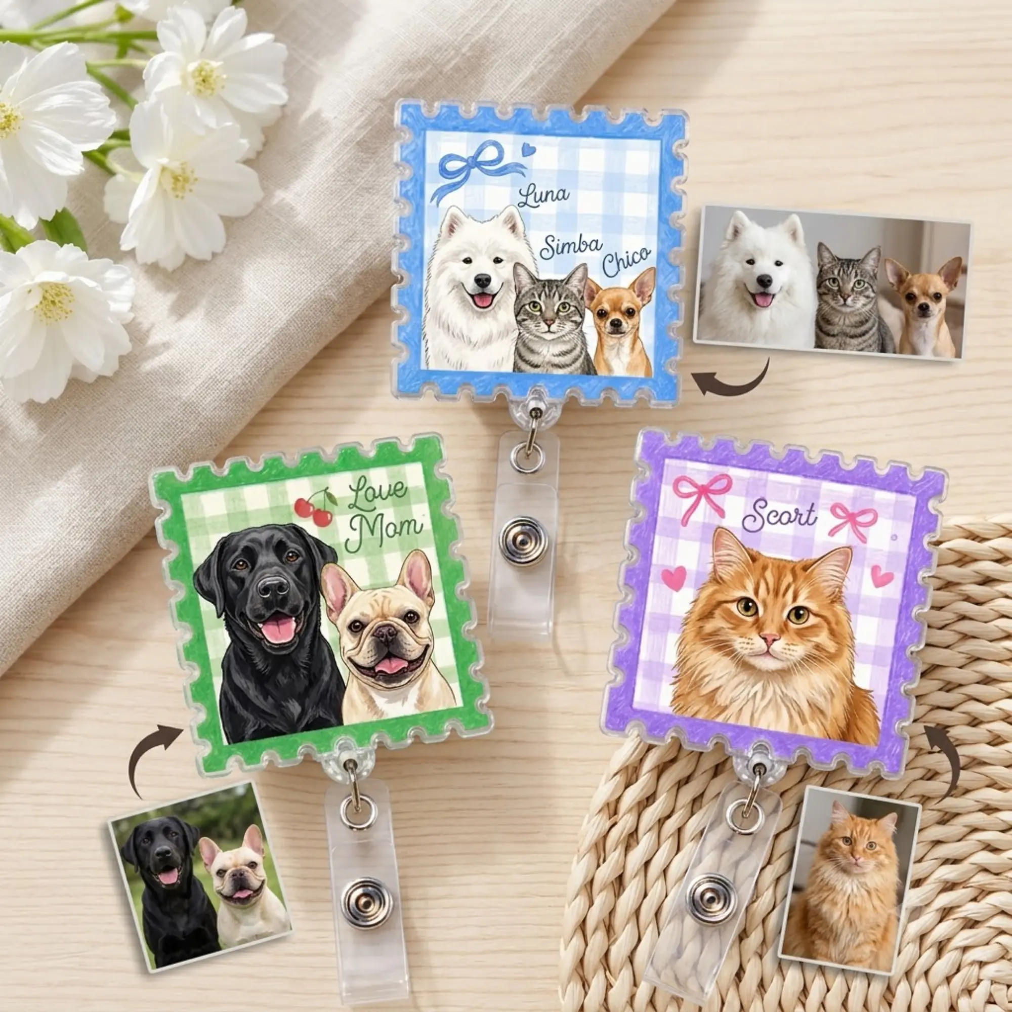 Personalized Multi Pet Badge Reel, Custom Names Portrait Photo ID Holder, Retractable Clip, Healthcare Vet Tech Animal Lover Gift