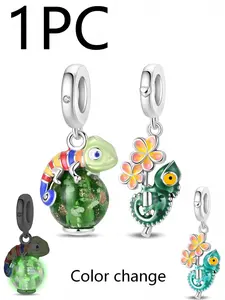Color Changing Chameleon Charm, Glow in the Dark 925 Silver Plated Bead, Fits Pandora Bracelet, Cute Reptile DIY Jewelry Gift
