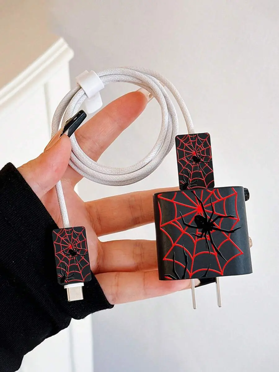 4-Piece Red Spider Web Charging Accessory Set, Charger Protector Cover, Cable Protectors & Cord Strap, Halloween Tech Accessories