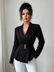 A women's fashion chic elegant black long sleeve waist-cinching blazer with belt, featuring a classic black color that is versatile and flattering for all body types. Perfect for office wear, shopping, and casual outings both indoors and outdoors