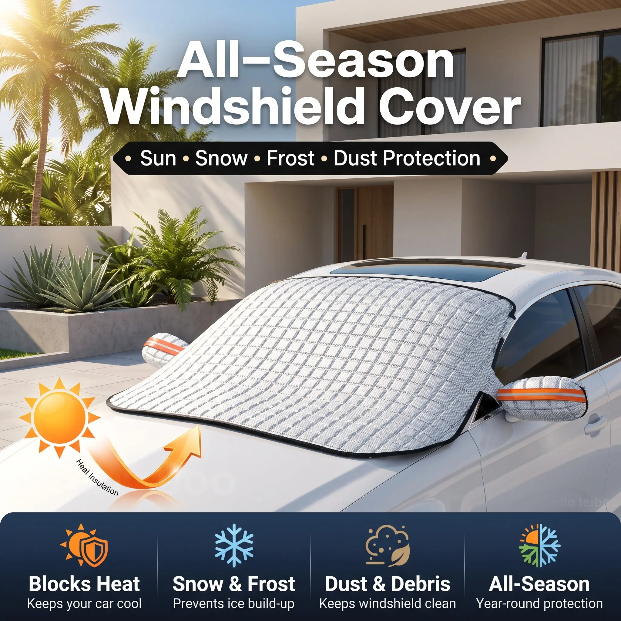 Car windshield Snow cover & Sunshade,  Dust Rain Ice Frost Guard Protector - Anti-theft & Durable Design, Suitable for Car Winter Protection Snow & Summer Sunshade (64''X48'')