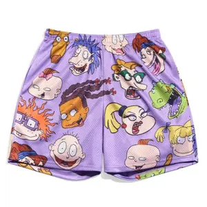Rugrats AOP Retro Anime Shorts Purple & Black Unisex Sports Double-Layered Inner Shorts Full Print Drawstring Design Men Women Mesh Basketball Shorts 4 Pockets 5.5 Inseam