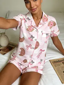 Spring Summer Women's Cardigan Lapel Short Sleeve Shorts Set, Breakfast Theme Printed, Coffee + Horn Bag + Bowknot, Loose Fit Comfortable Homeewear Cute Pajama Sets, Loungewear