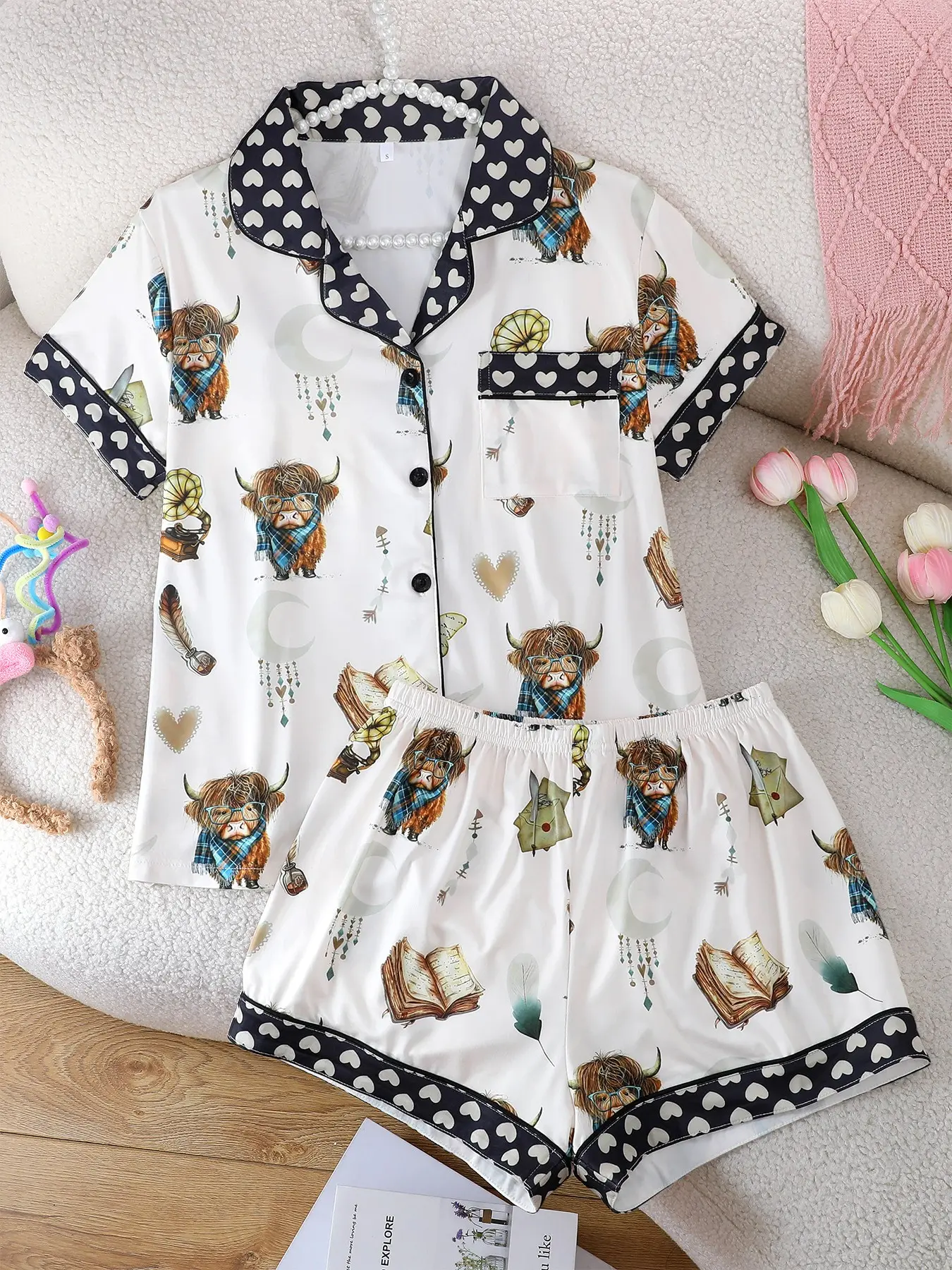 Women's 2-Piece Pajama Set, Short Sleeve Fitted Top & Elastic Shorts, Scottish Highland Cow Print Animal, Casual Home Wear, All Seasons Comfortable, Loungewear Sleepwear Nightwear Pyjamas, Casual Loungewear Outfit, Sleepwear Outfits
