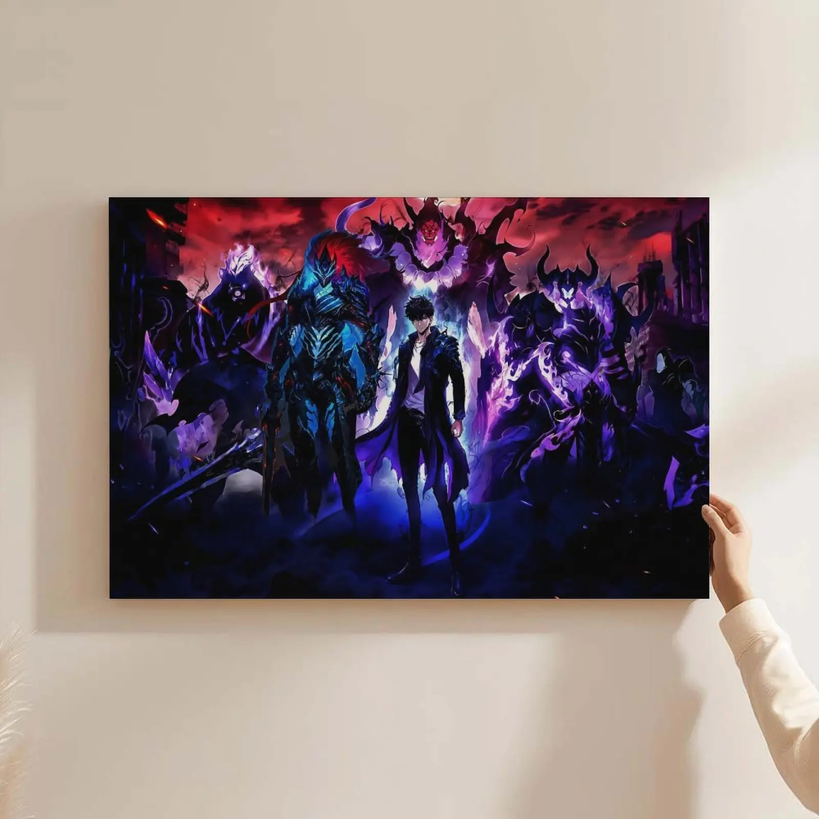 Solo Leveling Sung Jin Woo Canvas Print - Shadow Monarch Epic Awakening Scene, Dark Fantasy Action Design, High-Quality Vibrant Anime Poster, Legendary Character Home Decor Wall Art, Bold Dark Aesthetic for Anime Enthusiasts, Room Decor