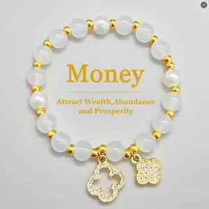 Money Attraction Lucky Clover Bracelet for Wealth Abundance & Prosperity Modern Fashion Accessories with White Beads Pearls & Golden Pendants