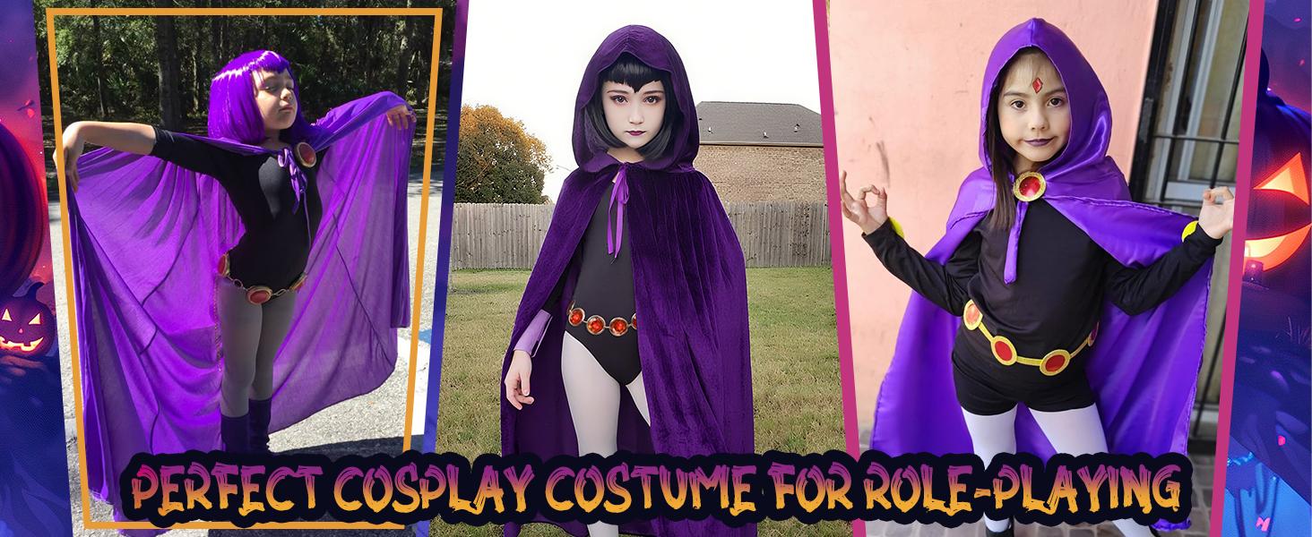 Kids Halloween Costume Raven Hooded Purple Cape with Adjustable Red Gemstone Waist Chain for Kids Halloween Cosplay