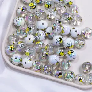 DIY Cute Bee Print Acrylic Loose Beads Handmade Necklace Bracelet Beaded Pen Phone Chain Bag Pendant Accessories