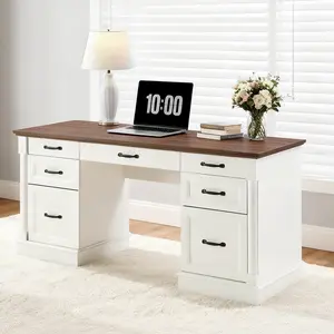 Rustic Modern Wood Computer Writing Desk - Farmhouse Office Executive Desk with Integrated Charger, Functional Drawers, Keyboard Tray, File Drawer, Storage Cabinet, Rustic Appeal, Home Workstation