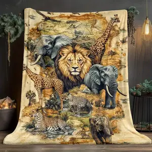 African Savanna Animals Illustration Blanket Lightweight Flannel Soft & Warm Digital Printed Design with Giraffe Lion Elephant  More  Perfect for Bed Sofa Camping  Home Decor Camping Blanket  Vibrant Animal Print  Lightweight Flannel Camping Essentials