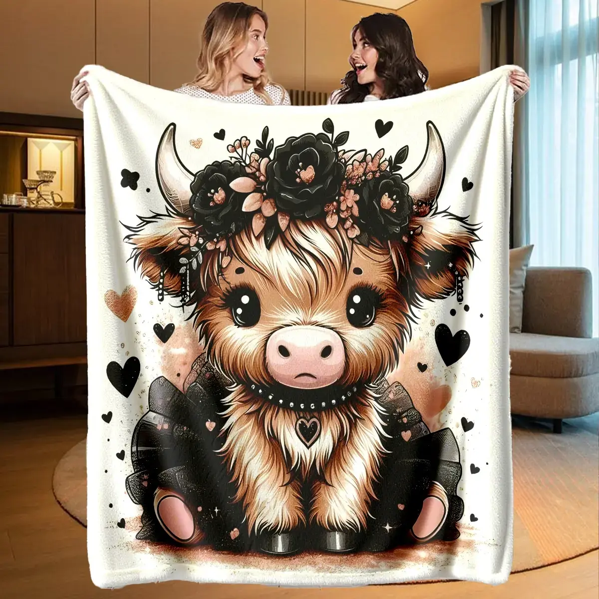 Dark Sweet Cool Highland Cow Blanket - High-Weight Flannel Fabric, Soft, Warm, Wrinkle Resistant, Machine Washable, All Seasons Animals Bedding Throw, Ideal Gift for Adult Alpine Cow Enthusiasts, General Use for Adults