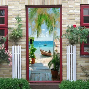 2pcs   Tropical Beach Scene Door Sticker Coconut Tree Sea View Boat Decorative Wall Sticker Self Adhesive Removable Waterproof Home Decoration Ornaments for Living Room Bedroom Glass Door Vacation Atmosphere Ro