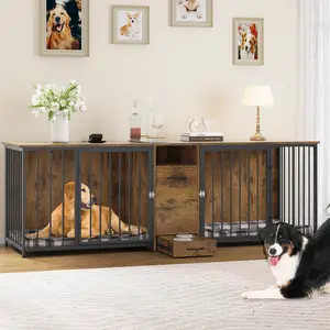 DWVO 94.5" Large Dog Crate Furniture Heavy Duty Dog Kennel w/Room Divider Feeder Bowl for Dogs