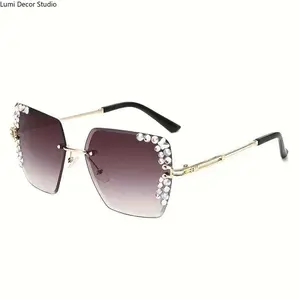 Luxury Rhinestone Rimless Sunglasses for Women – Oversized Gradient Square Shades, Bling Fashion Eyewear for Selfies, Travel & TikTok Glam Looks