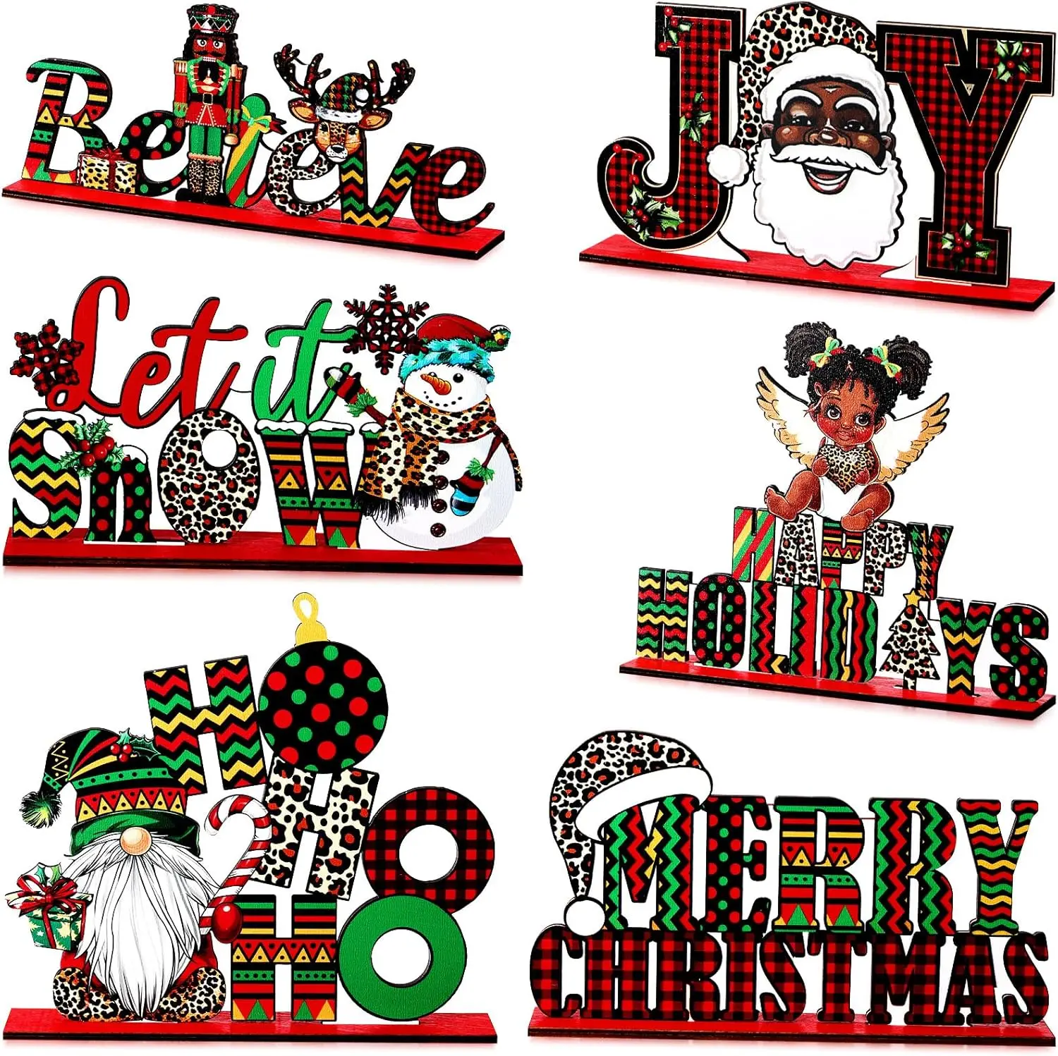 6 Pcs African American Christmas Signs Decorations Wooden Table Topper Centerpiece Table Decor Santa Claus Nutcracker Joy Letter Xmas Holiday Party Gift
