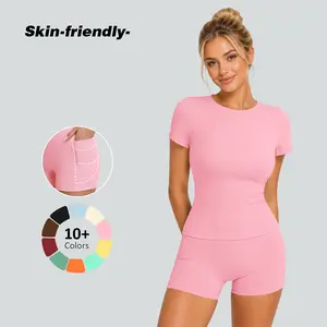 New Women's Two-Piece Set: Solid Color High-End T-shirt and High-Waisted Fitted Shorts Sports Set. This breathable and quick-drying casual sports set is ideal for yoga, gym workouts, summer wear, and fitness running activities.