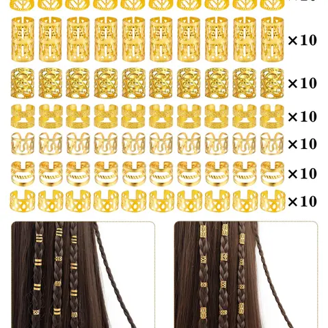 70pcs Alloy Hair Jewelry for Braids, Multi-Style Geometric Pattern Hair Cuffs, Adjustable Metal Braids Rings, Non-Piercing Ear Clips for Women & Girls, Hair Accessories