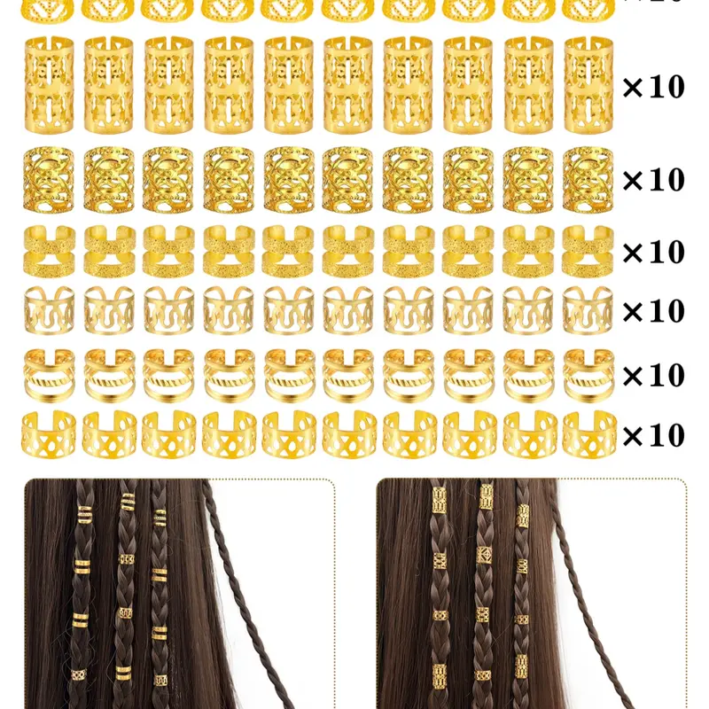 70pcs Alloy Hair Jewelry for Braids, Multi-Style Geometric Pattern Hair Cuffs, Adjustable Metal Braids Rings, Non-Piercing Ear Clips for Women & Girls, Hair Accessories