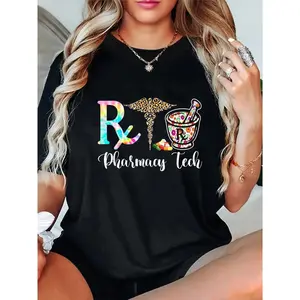 Women's Pharmacy Technician T-Shirt - Made in USA | Pharmacist Graphic Tee with Pharmacy Symbols | Soft Breathable Cotton Shirt | Relaxed Fit Workwear for Pharmacy Techs, | Machine Washable Black Pharmacy Designer Apparel, Pharmacy Technician Gifts, Staff