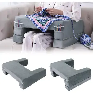 Adjustable Foam Crochet Pillow for Lap Support, Soft Velvet Reading & Gaming Pillow with Side Pocket and Elastic Band, Desk Pillow for Sofa, Bed & Floor, 2 Heights for Adjusting, (Grey)