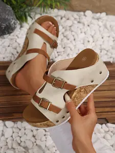 Women's Fashion Thick Chunky High Heel Sandals, Summer New Style Buckle Decorated Wood Grain Slippers, Ladies' Shoes, Fashionable Heeled Sandals