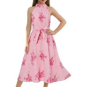 Haloumoning Girls Halter Neck Summer Dress Kids Hawaiian Floral Print Sleeveless Belted Casual Dresses 5-14Y