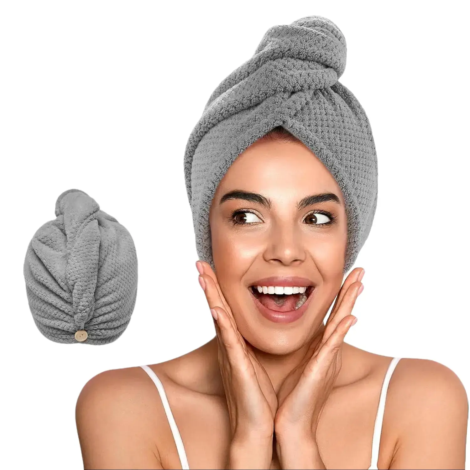 Quick Dry Microfiber Hair Towel Wrap with Bear Button, Soft Absorbent Hair Turban for Wet Long Curly Hair, Lightweight Anti Frizz Hair Drying Cap, Convenient Bath Shower Accessory for Women, Grey