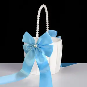 Flower Girl Baskets for Wedding with Pearl Handle, Light Blue Wedding Baskets for Flower Girls