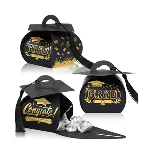 30 Pcs Graduation Cap Gift Boxes with Tassels – Black & Gold Candy Favor Boxes for Class of 2025 Graduation Party Decorations & Supplies