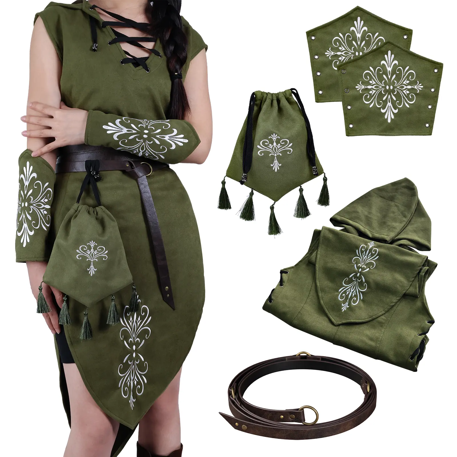 HiiFeuer Women's 5PC Loose Renaissance Suede Sleeveless Elf Cosplay Costume Green - Medieval Hooded Gown, Embroidered Corset, Bracers, Drawstring Bag, Geometric Fantasy Belt for Christmas Women's Clothes & Accessories, Costume Ideas, Plus Size, Backless,,