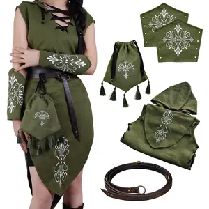 HiiFeuer Women's 5PC Renaissance Suede Sleeveless Elf Costume Green - Medieval Hooded Gown with Embroidered Corset, Bracers, Drawstring Bag, Geometric Fantasy Belt for Lady Clothes & Accessories