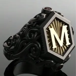 Fashionable Personality Alloy Dual-Tone Letter M Engraved Ring, Suitable For Men Everyday Wear And Photo Shooting