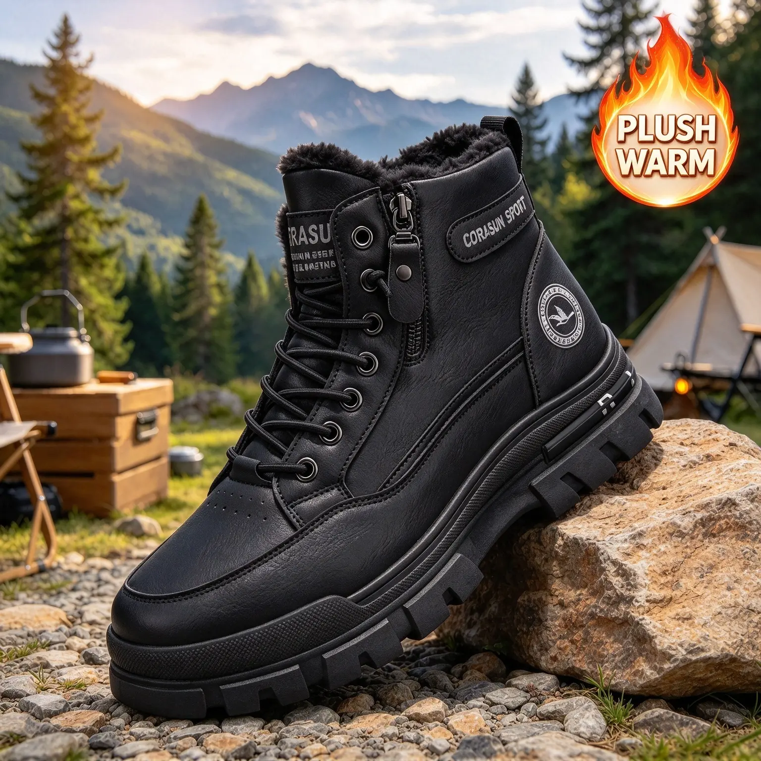 Men's Fleece Lined Winter Combat Boots, Thick Warm Insulated Snow Boots, Waterproof Cold Resistant Ankle Boots with Side Zipper, Easy On & Off Lace-up Work Hiking Boots for Outdoor Cold Weather