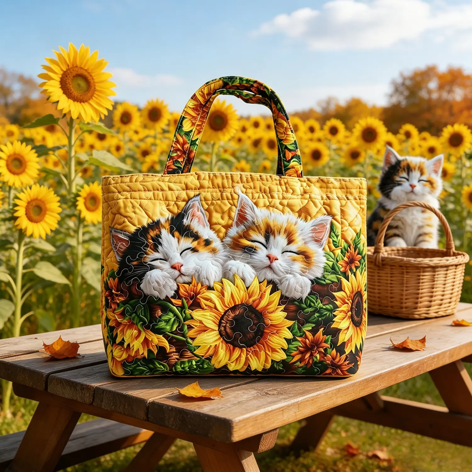 Quilted Tote Handbag - Cute Animal Cat Digital Printed Collapsible Lightweight Versatile Casual Everyday Bag, 20.87in L x 15.75in H Large Capacity Home Organizer Storage Bag for Travel