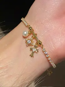 Adjustable Iris Flower Cross Bracelet for Women, Exquisite Flower Design Bracelet, Luxury Zirconia Christian Religious Jewelry, Hypoallergenic Charm Bangle Gift