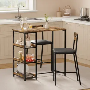 Compact 3-Piece Bar Table and Chair Set  Industrial Wood & Metal Bistro Set for Small Spaces, Kitchen, Apartment Counter Height Dining Table with Storage Shelves & Wine Rack, 2 Upholstered Stools