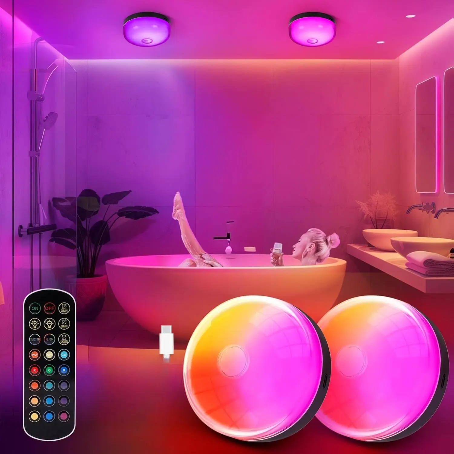 Rechargeable LED Shower Lights with Remote Control, Waterproof Color-Changing RGBW Mood Lighting for Bathroom Closet Bedroom and Parties, Wireless Dimmable Lights with Timer, Convenient 2 Pack Design