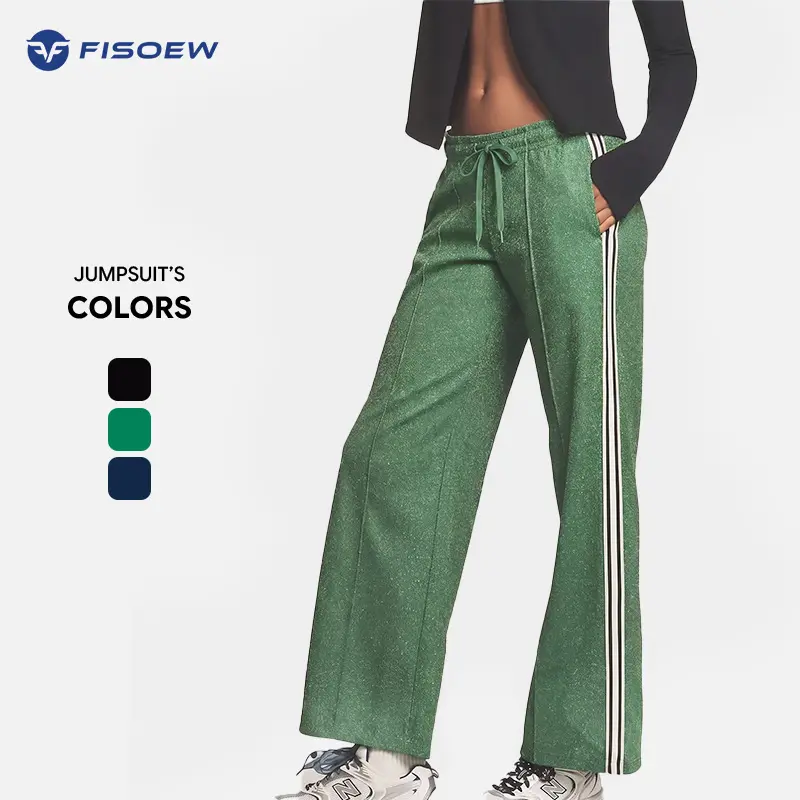 FISOEW Women's Retro Activewear Track Pants - 2026 Spring Summer, Sparkle Fabric, Elastic Waist Drawstring, Contrast Stripes, Side Pockets, Flexible Fit, Wide Legs, Multi-Size, Dark Green/Black, Casual Athletic Bottoms